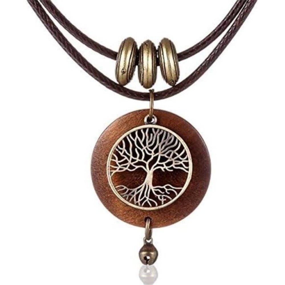Brown Wooden Choker Chunky Pendant Necklaces for women Tree of life